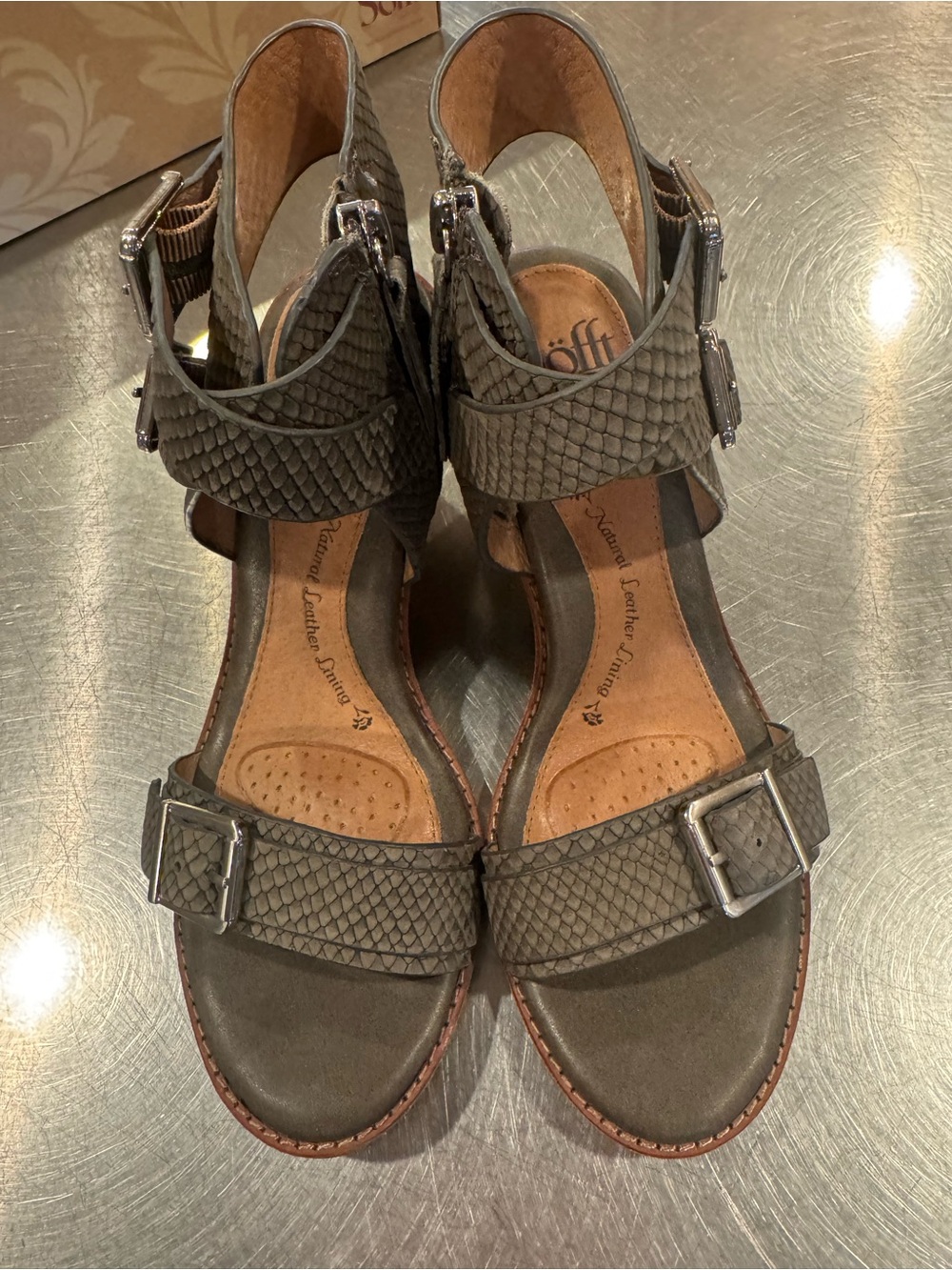 Sofft Textured Buckle Ankle Sandals in Color Snare Grey